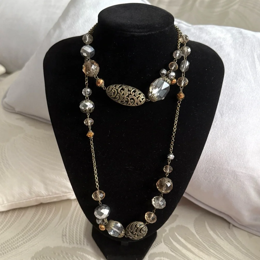 Vintage Opera Length Necklace Brass and Crystals 36”